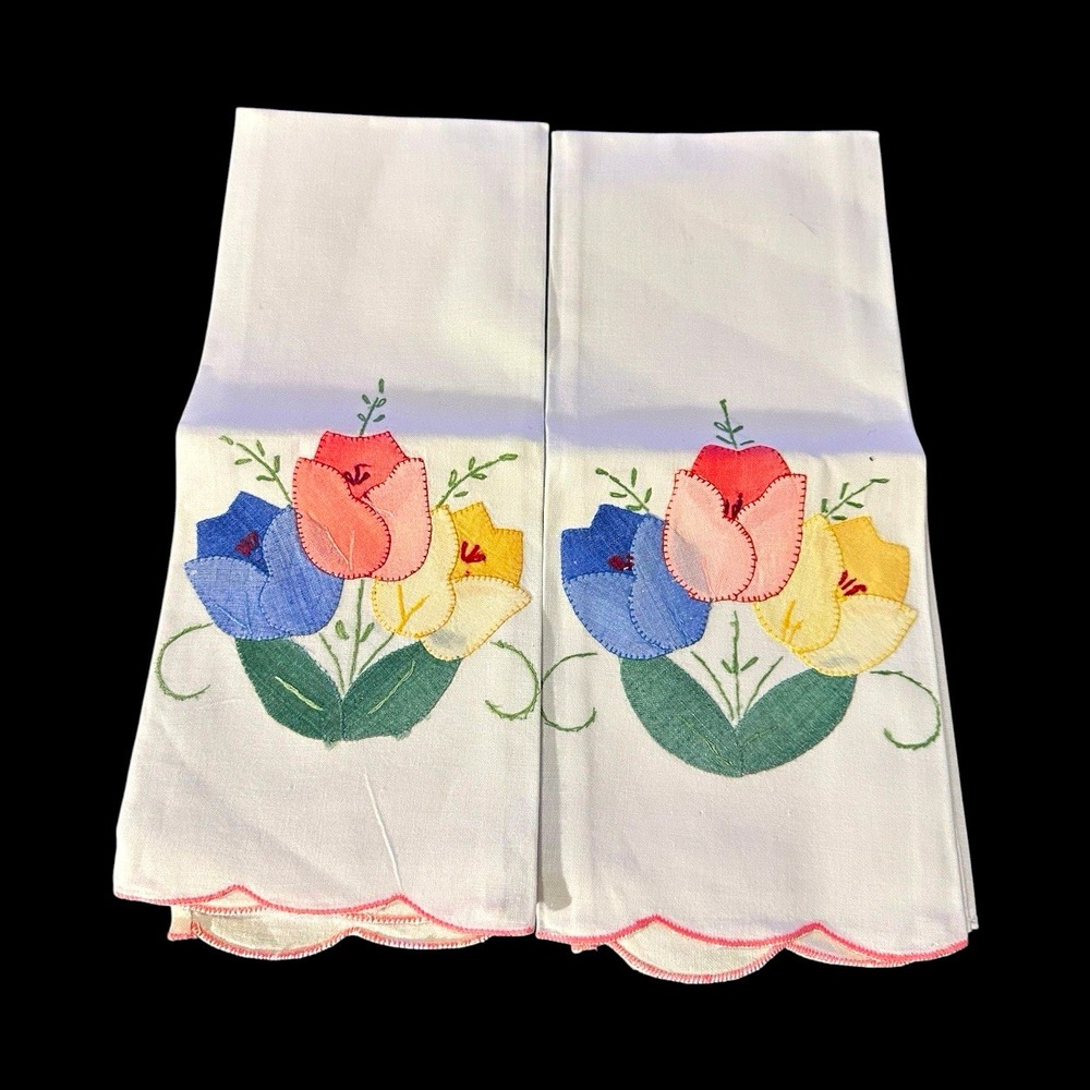 Set of 2 New White 100% Cotton Embroidered Cottagecore Floral Tea Towels